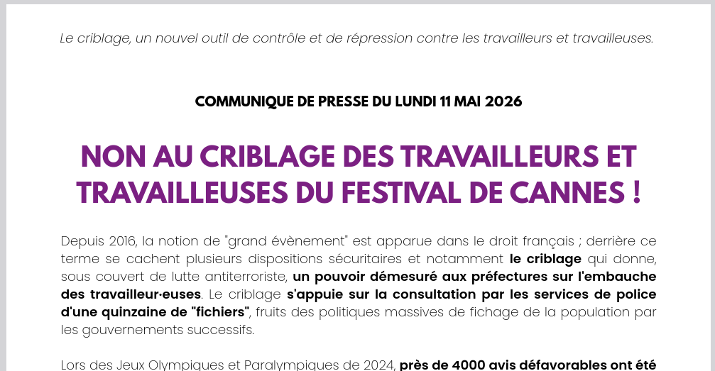 NON AU CRIBLAGE DES TRAVAILLEURS ET TRAVAILLEUSES DU FESTIVAL DE CANNES !