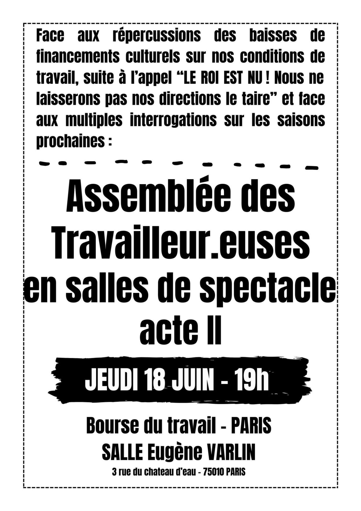 AG des Travailleur·euses en salles de spectacle, 18 juin 2026 – 19h, Paris